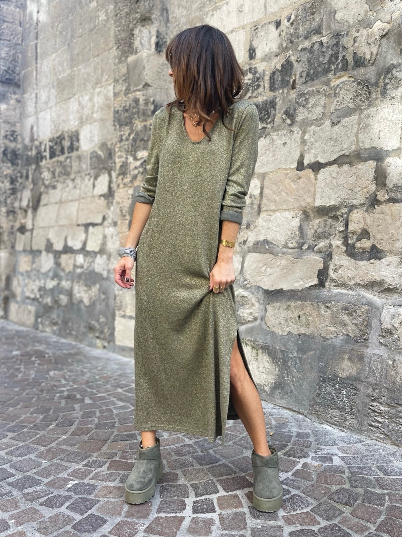 Robe longue kaki irisée