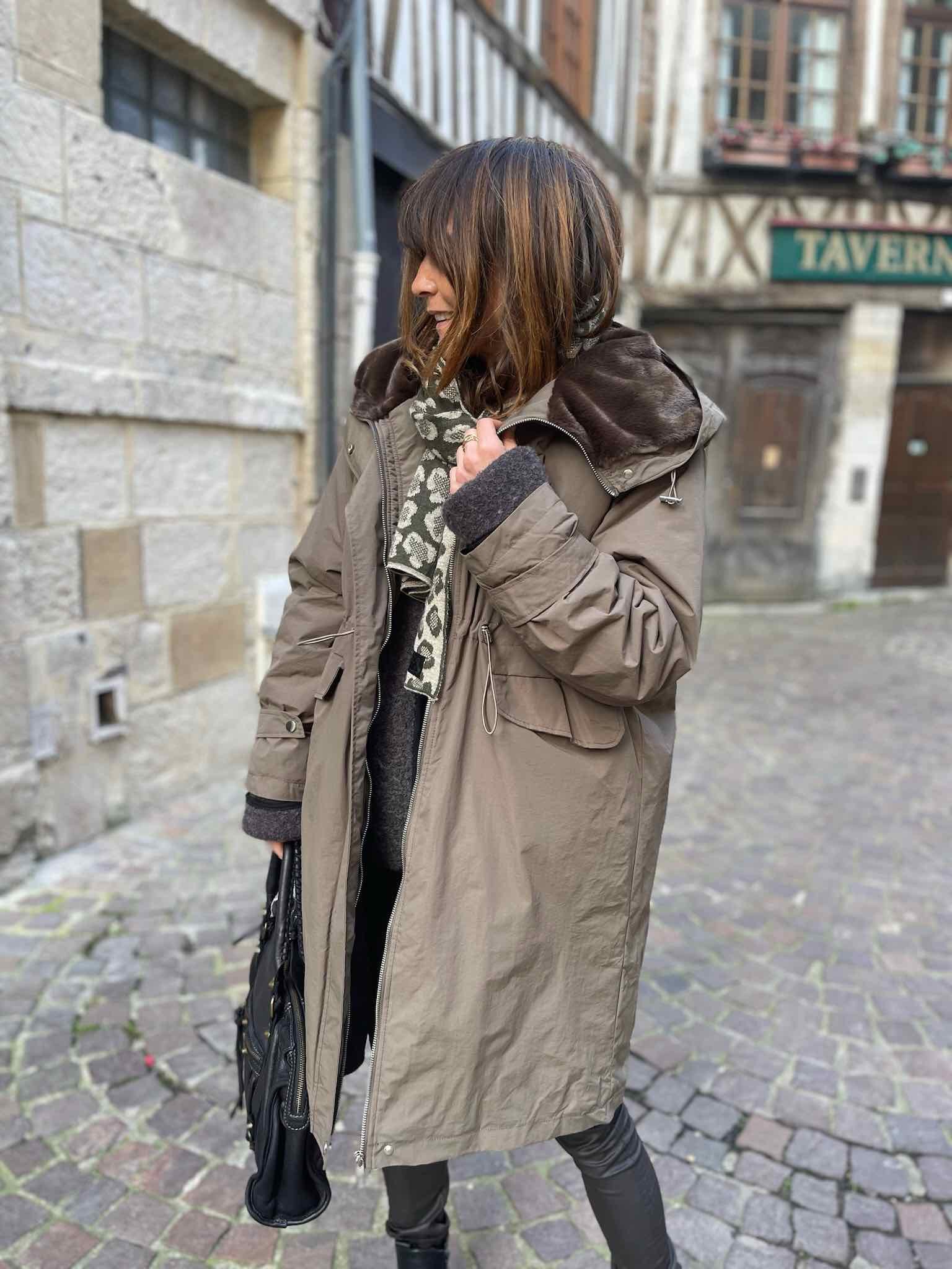 Manteau mi long kaki foncé