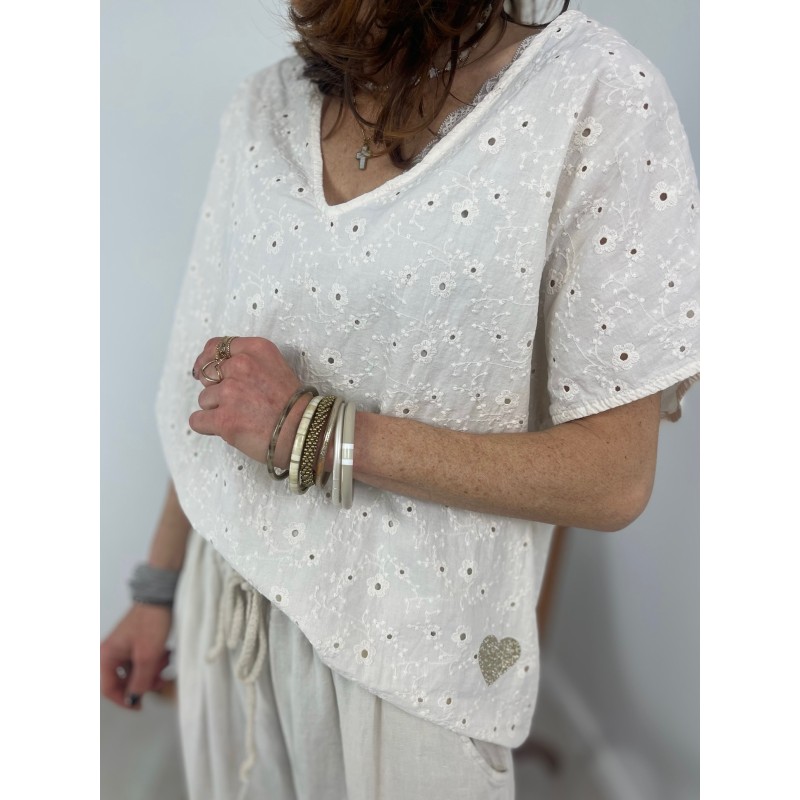 Top broderie beige