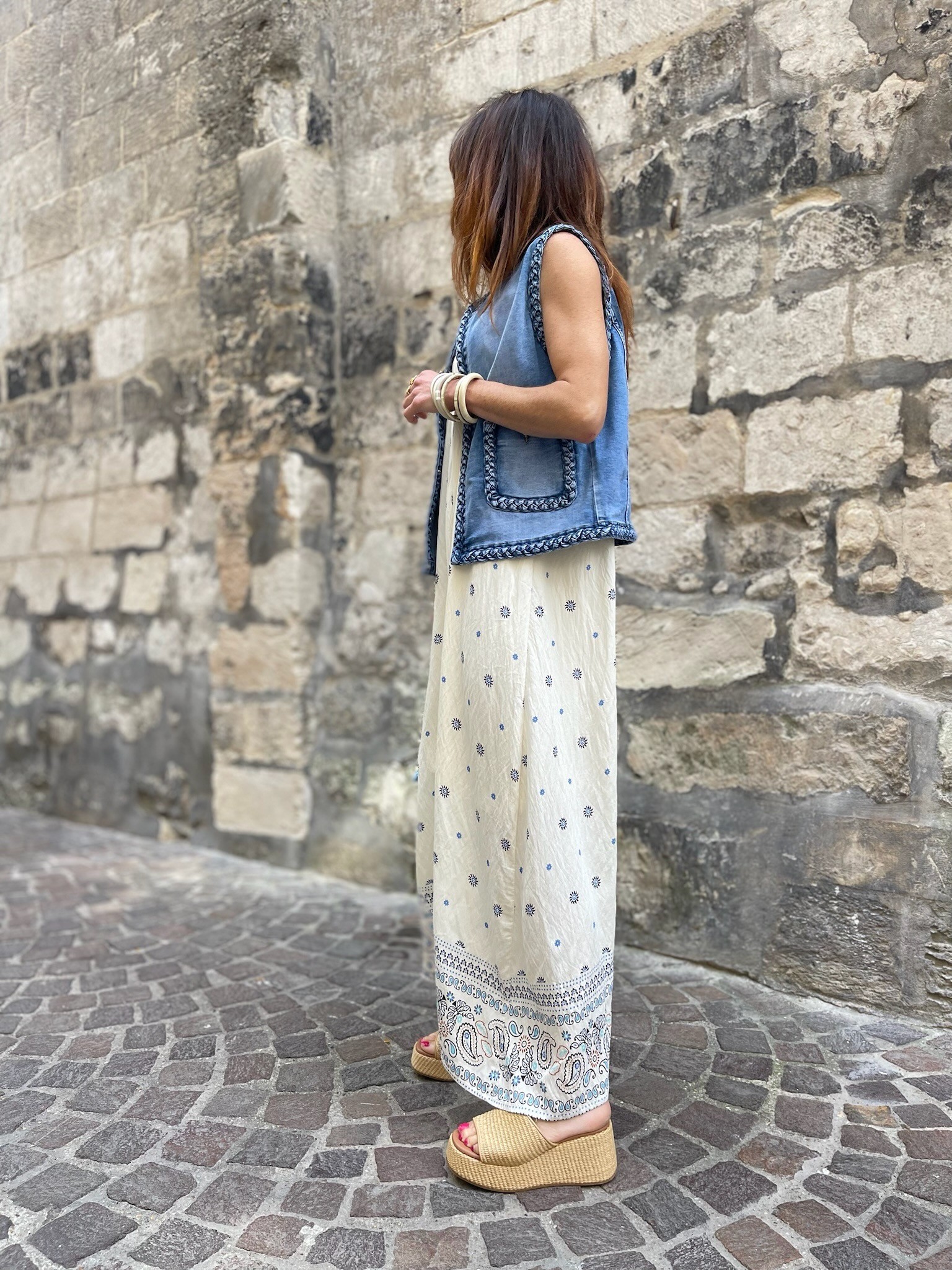Robe longue écrue motifs marine