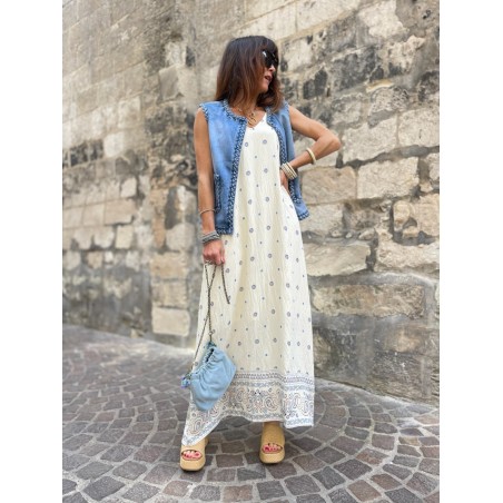 Robe longue écrue motifs marine