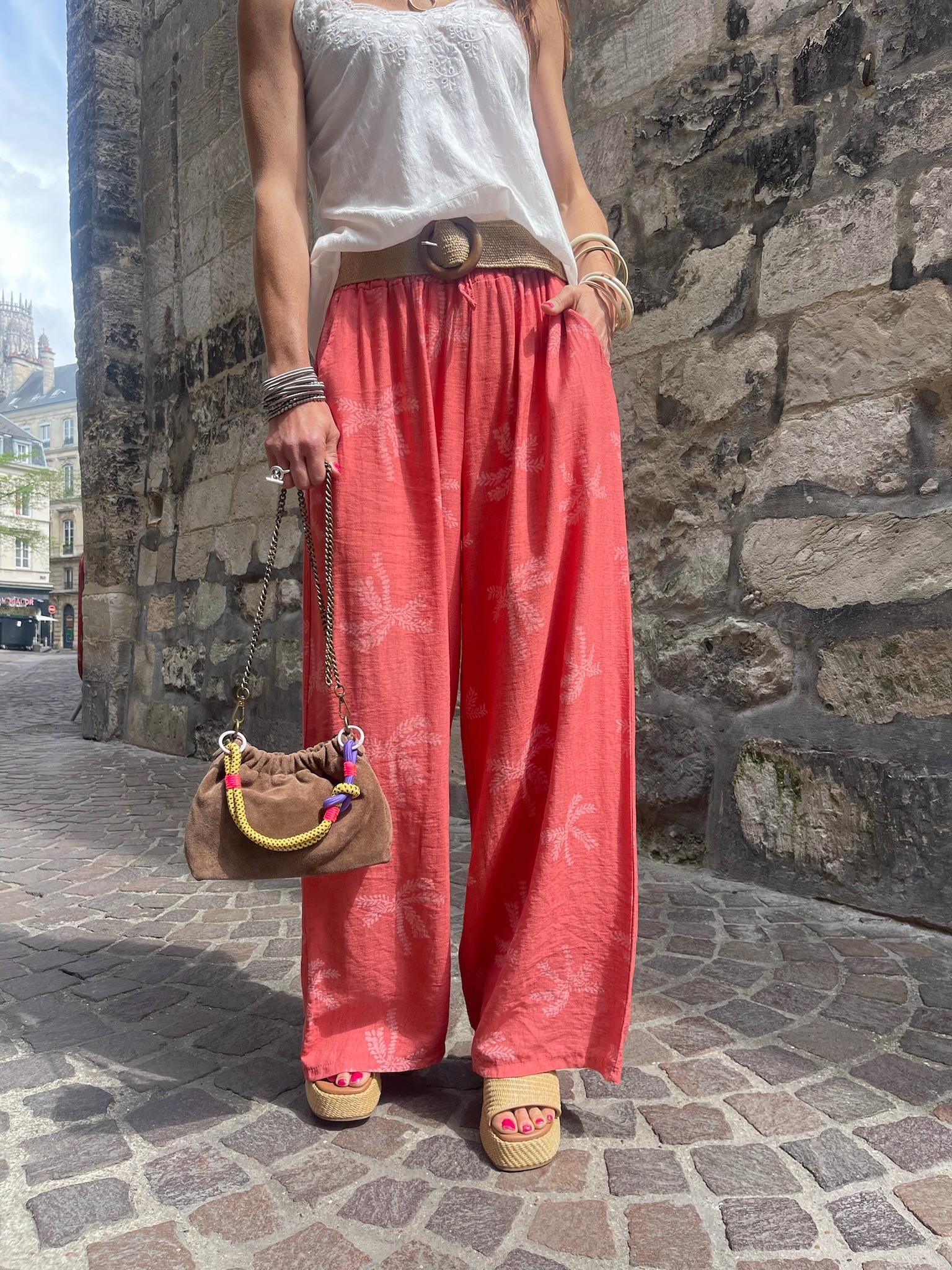 Pantalon palmier corail