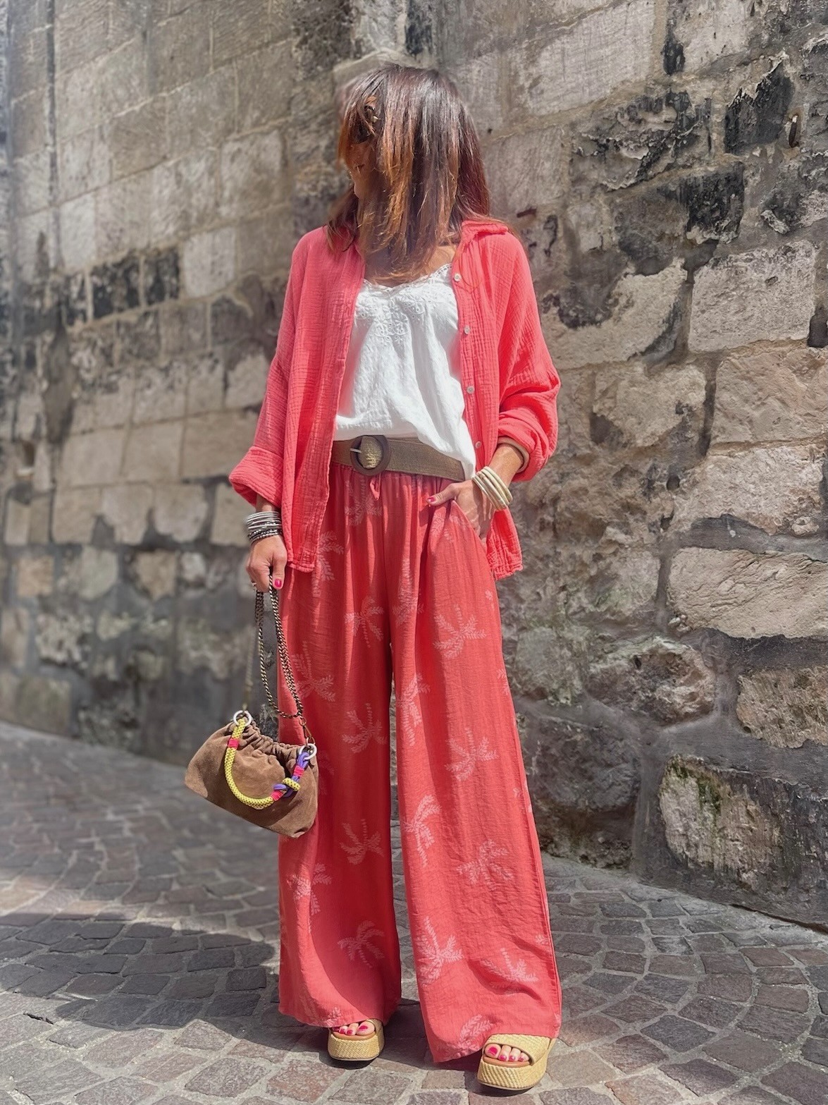 Pantalon palmier corail