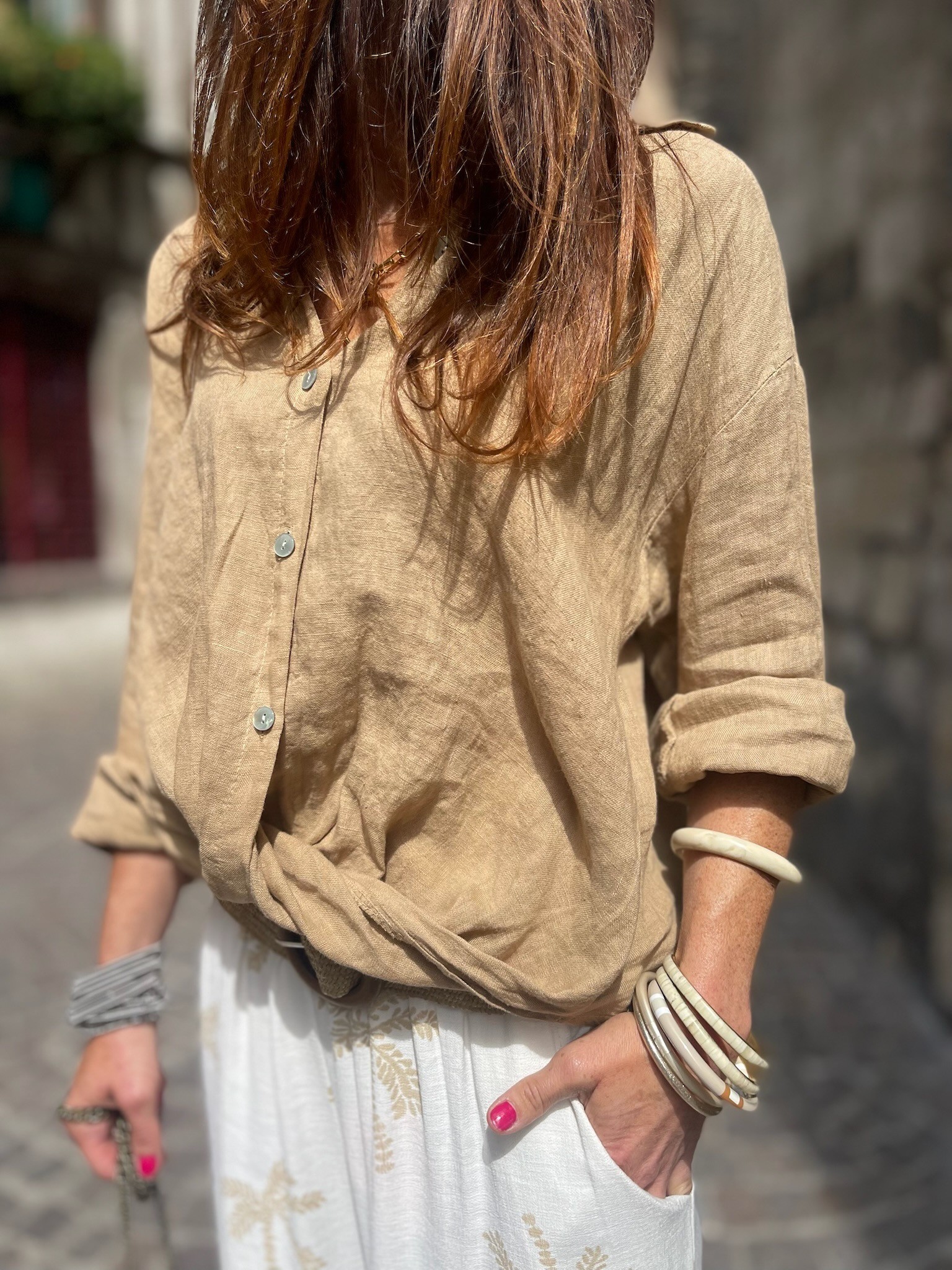 Chemise lin camel noeud