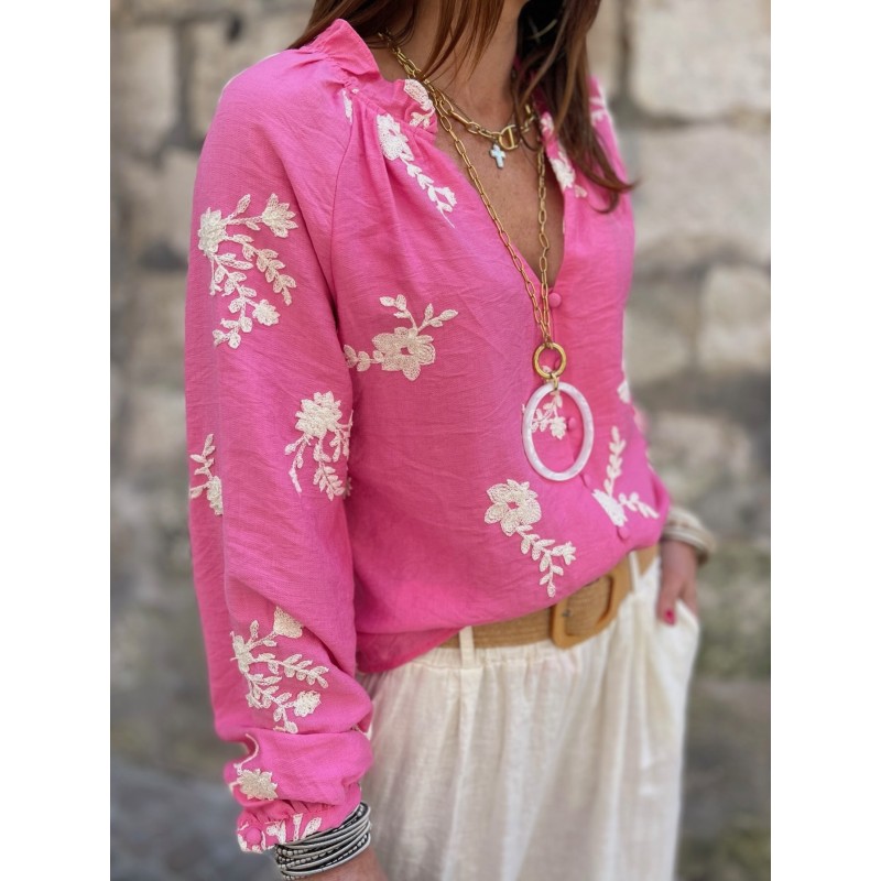 Blouse fuchsia brodée