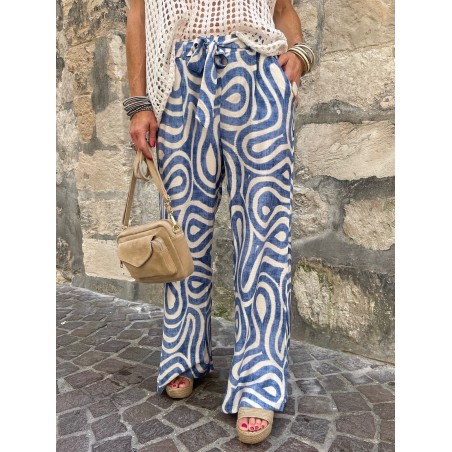 Pantalon fluide bleu à motifs