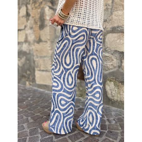 Pantalon fluide bleu à motifs