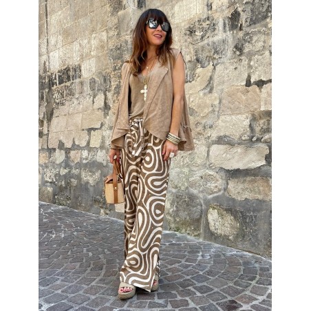 Pantalon fluide camel à motifs