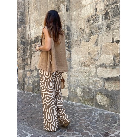 Pantalon fluide camel à motifs
