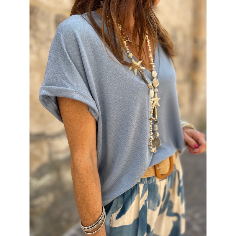 Top bleu ciel col V