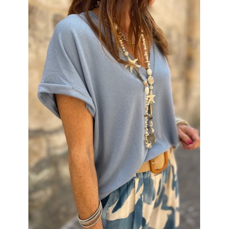 Top bleu ciel col V