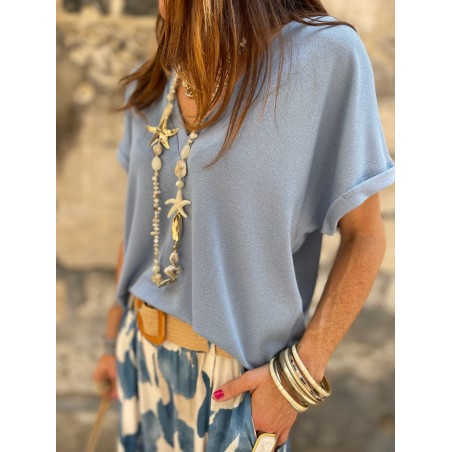 Top bleu ciel col V