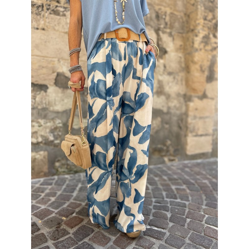 Pantalon fluide bleu à motifs
