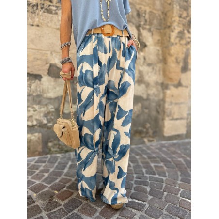 Pantalon fluide bleu à motifs