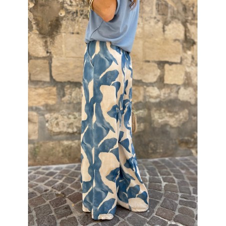 Pantalon fluide bleu à motifs