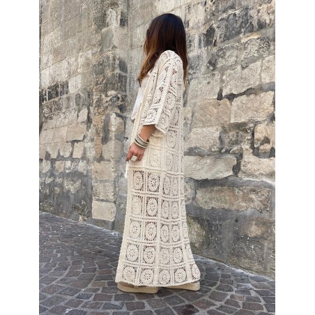 Kimono long crochet beige