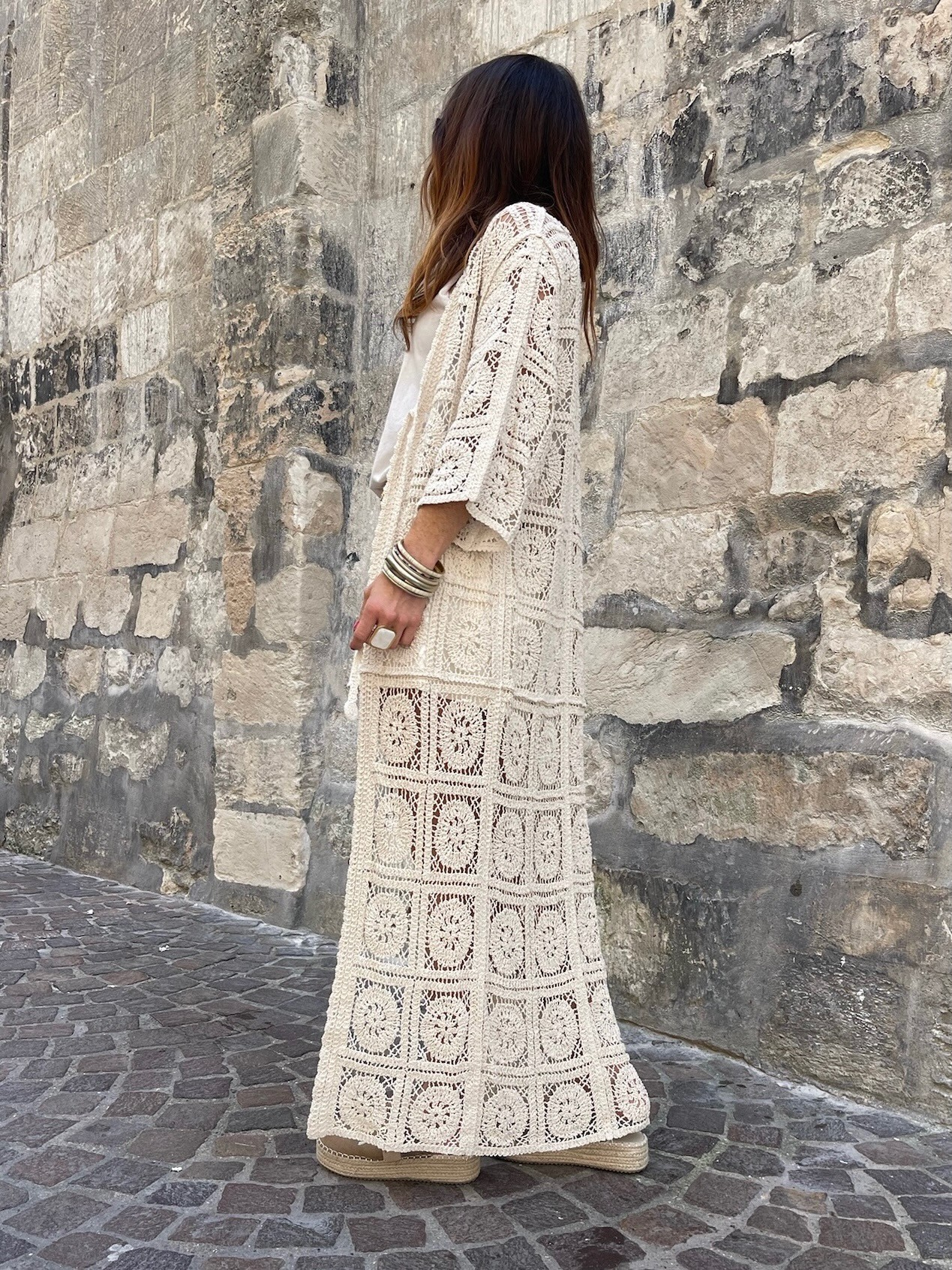 Kimono long crochet beige