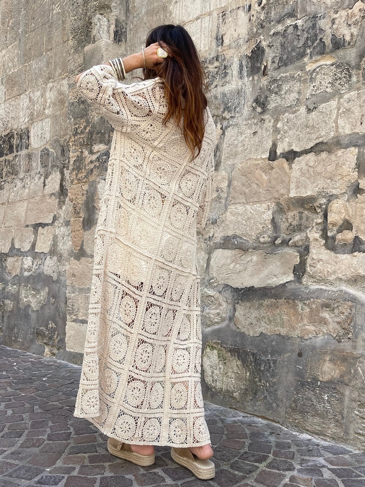 Kimono long crochet beige