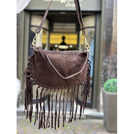 Pochette franges daim choco