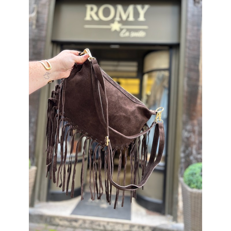 Pochette franges daim choco