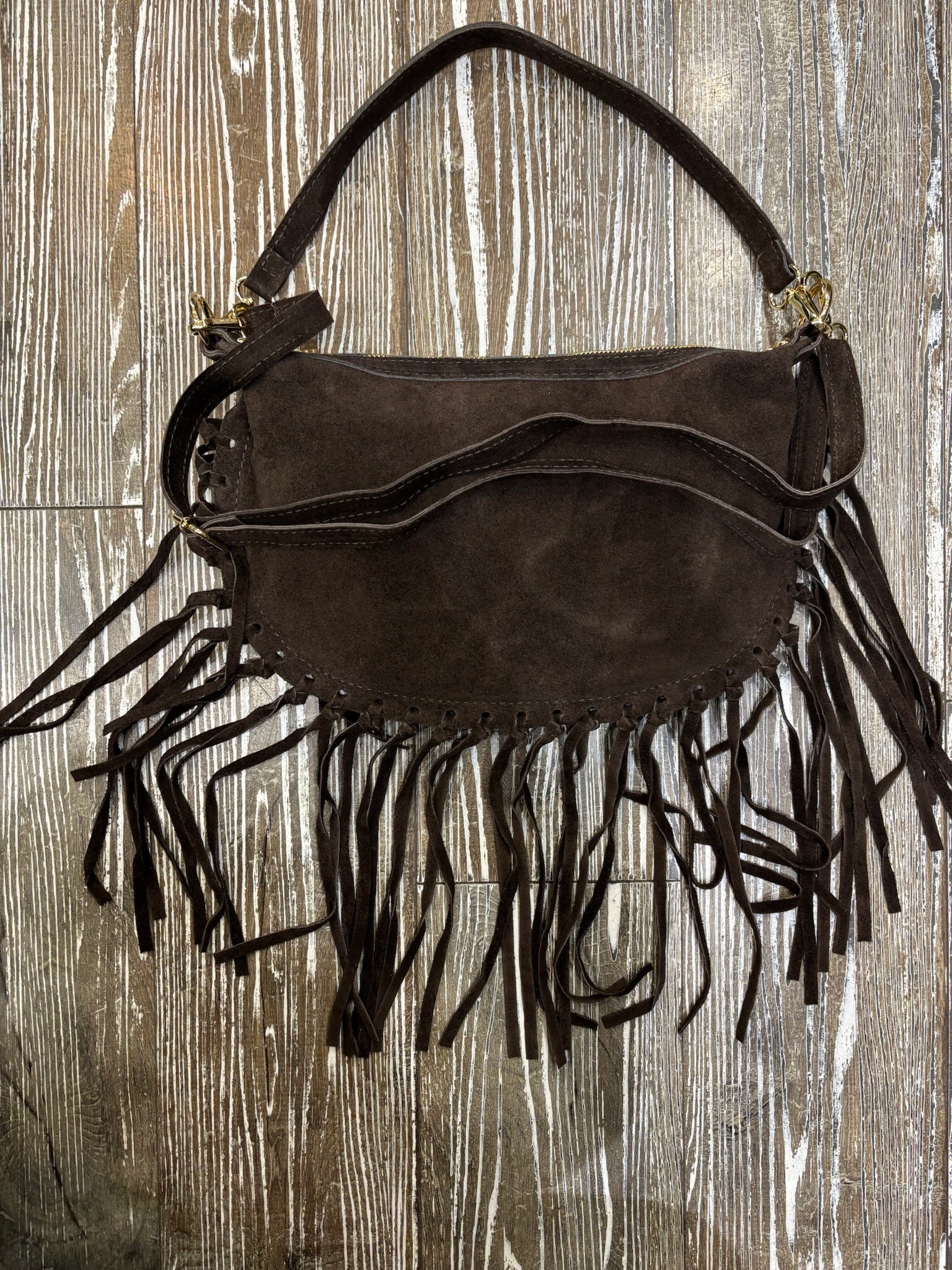 Pochette franges daim choco