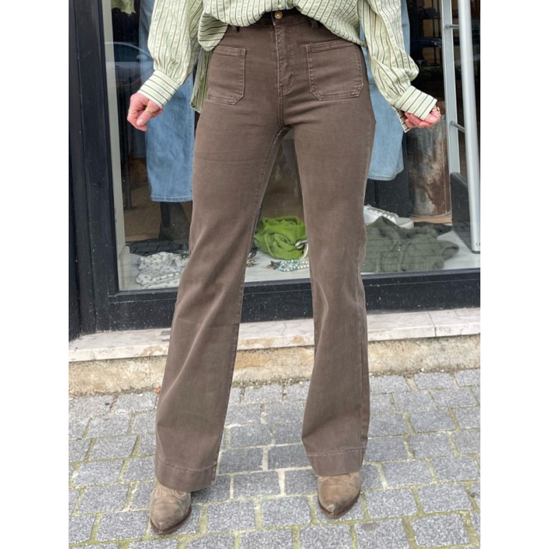 Pantalon flare poches plaquées choco