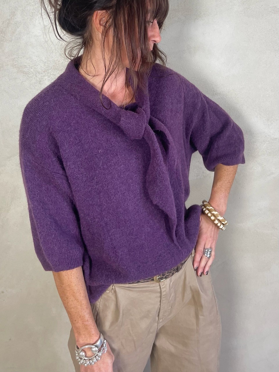 Pull alpapa Cravate prune