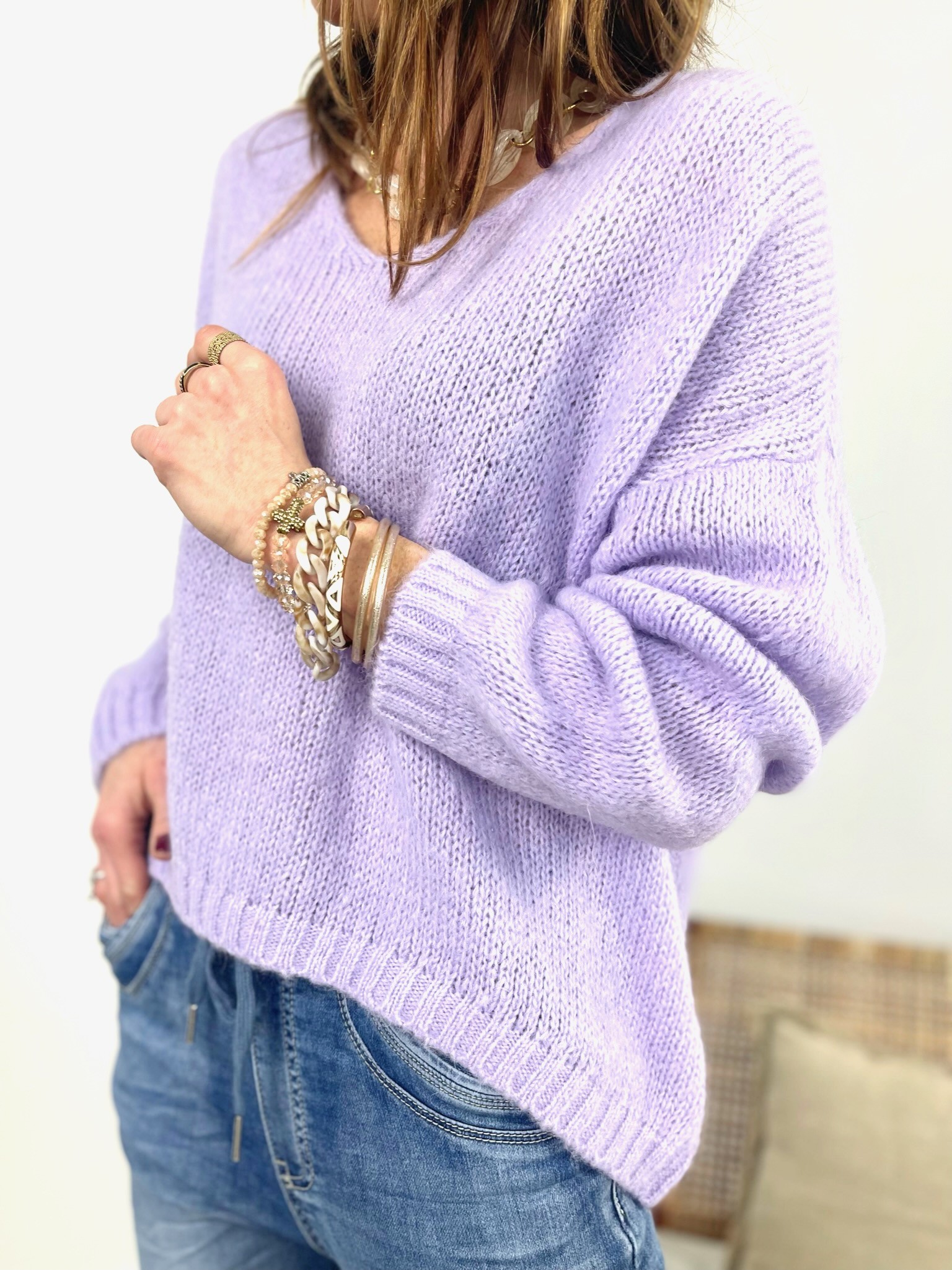 Pull mohair col V lilas