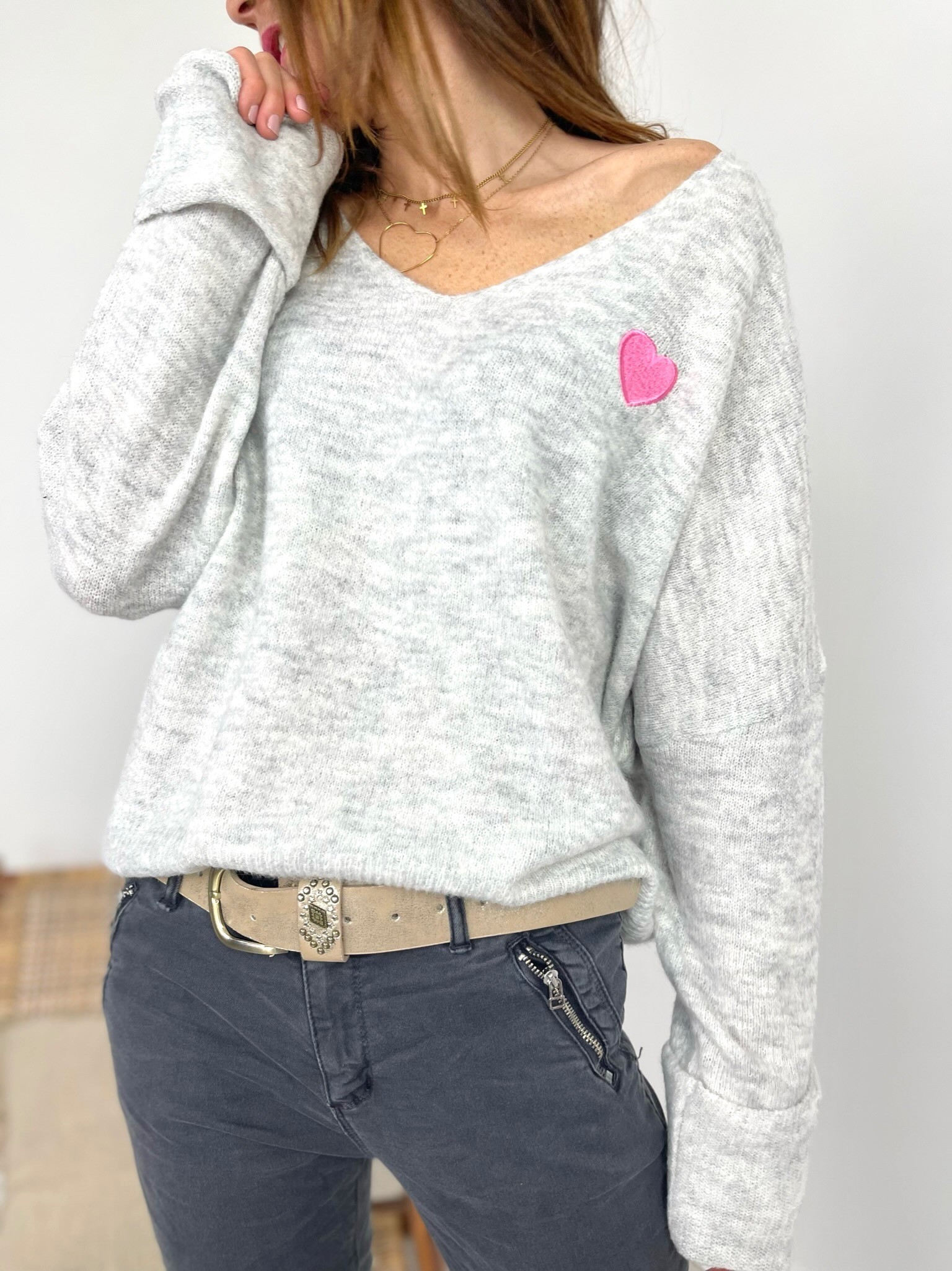 Pull laine coeur gris
