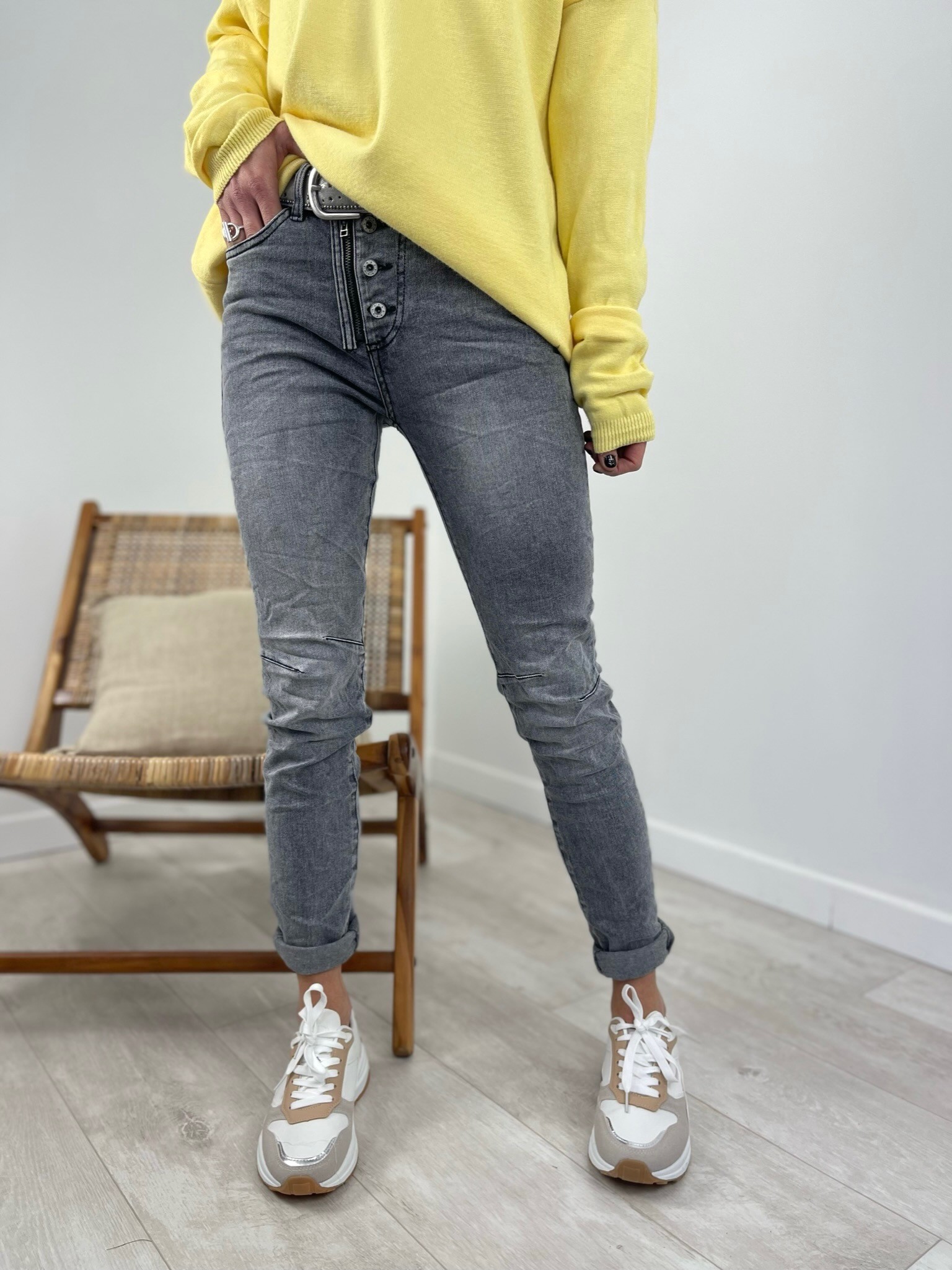 Jean zip gris chiné