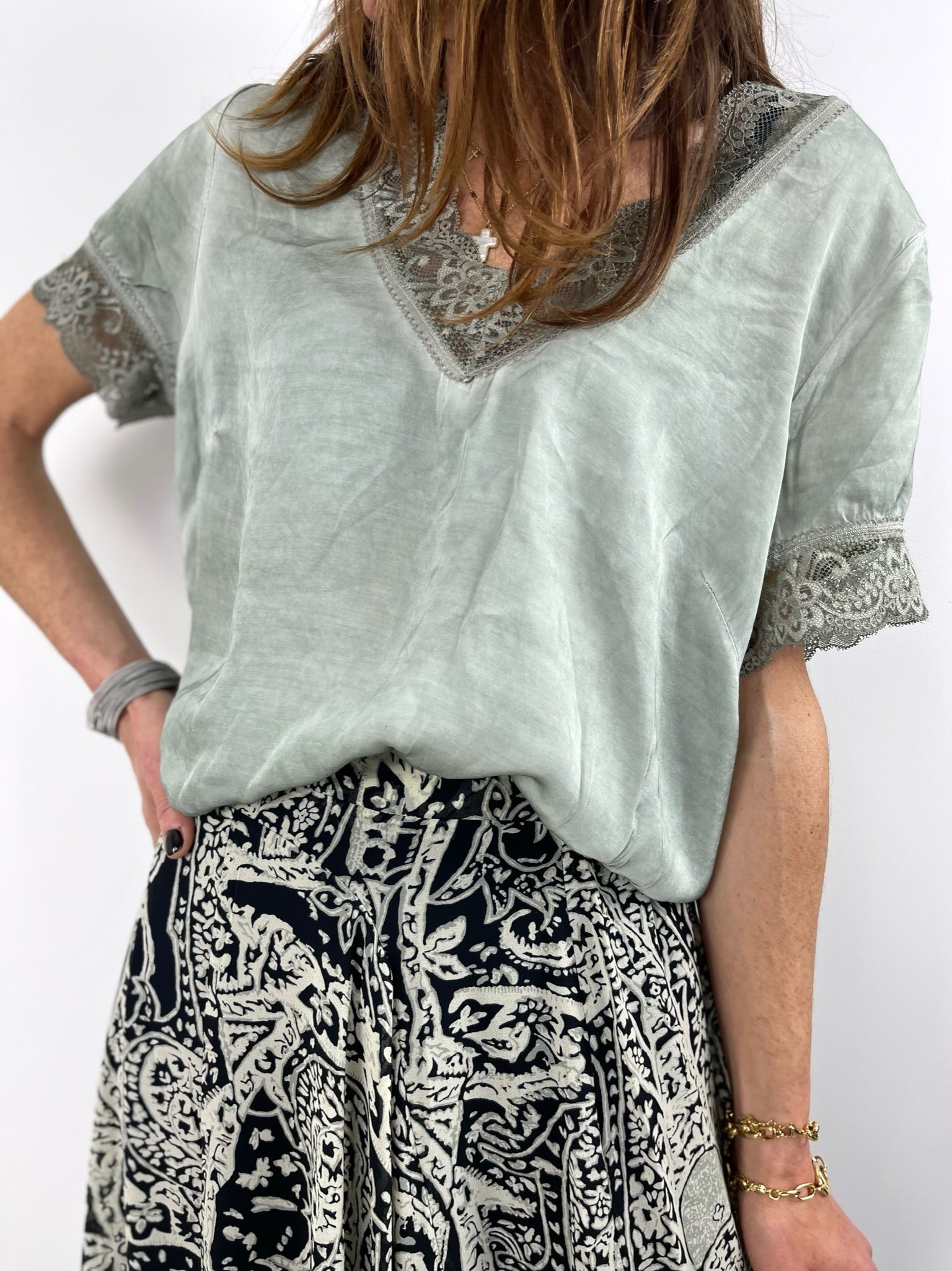 Top dentelle kaki clair