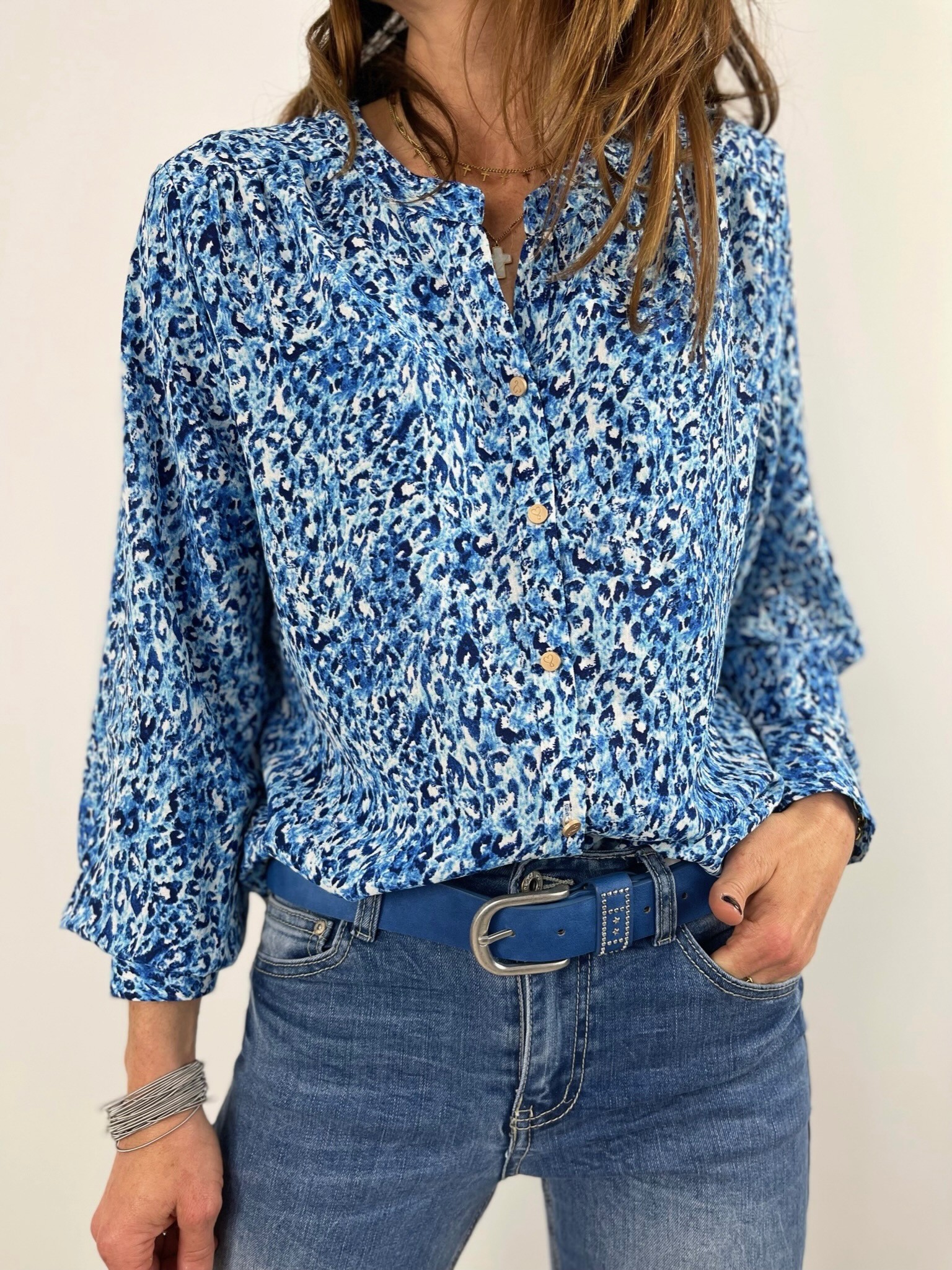 Chemise léo bleue col mao