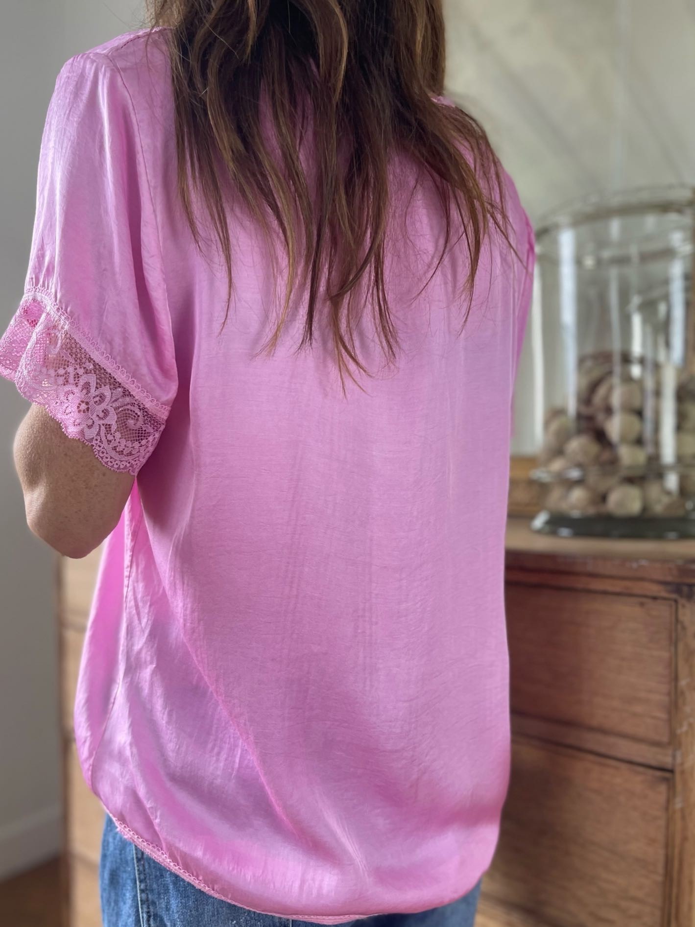 Top dentelle rose bonbon