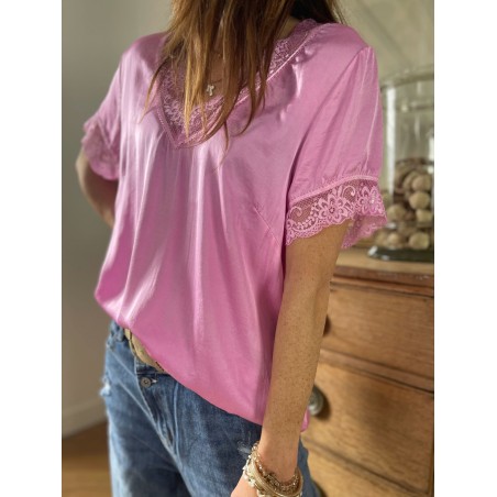 Top dentelle rose bonbon