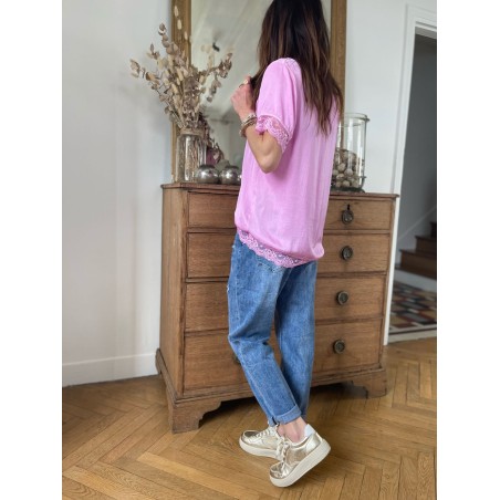 Top dentelle rose bonbon