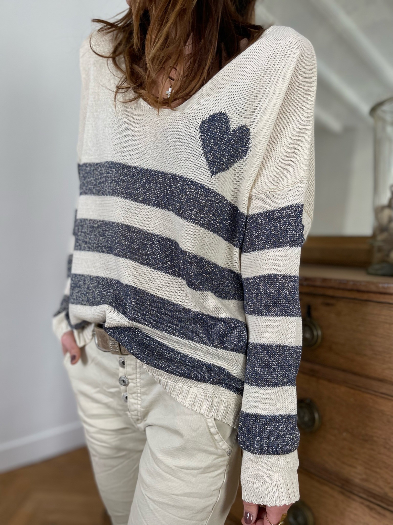 Pull lurex coeur bleu jean