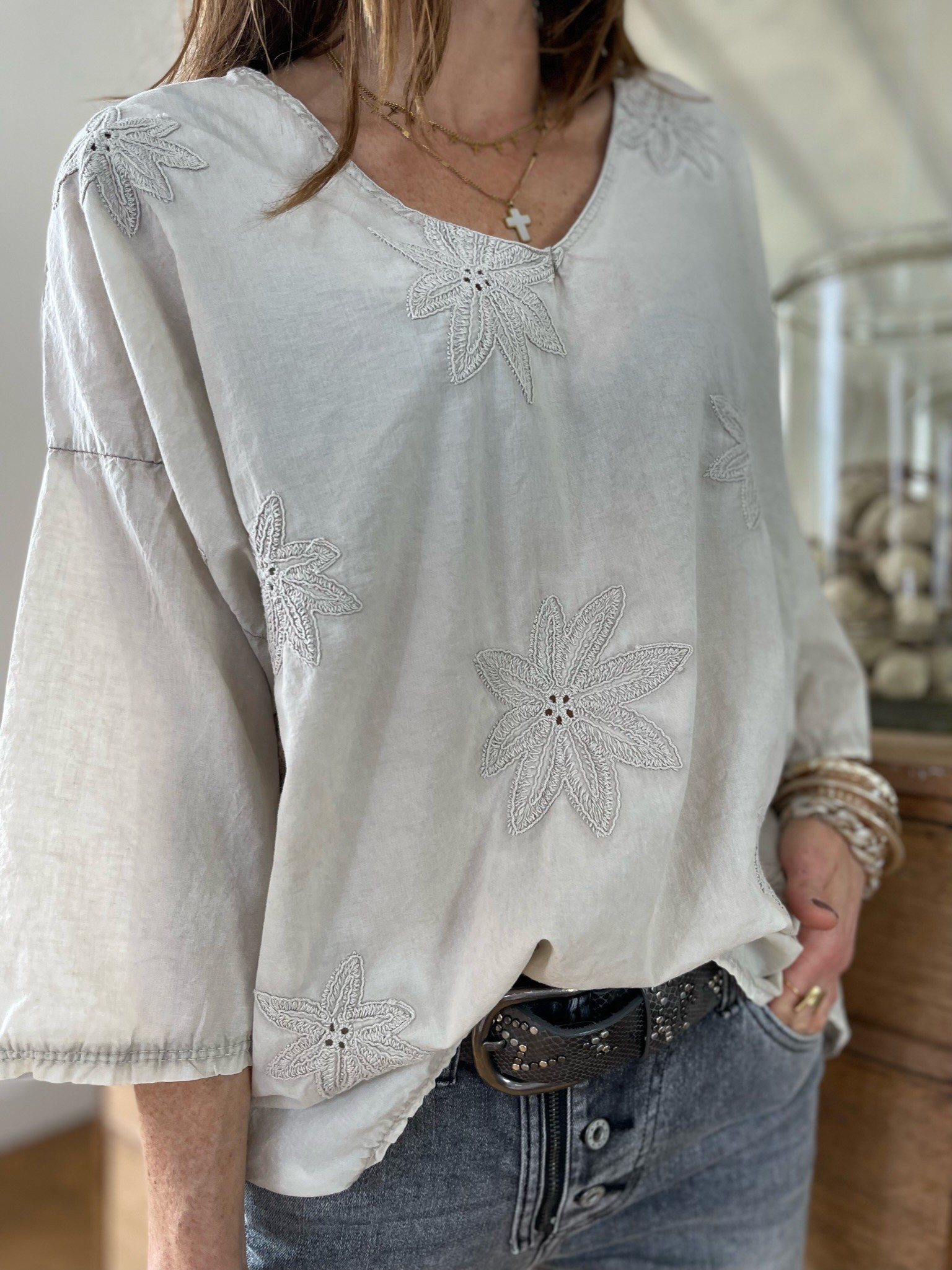 Blouse flowers coton beige
