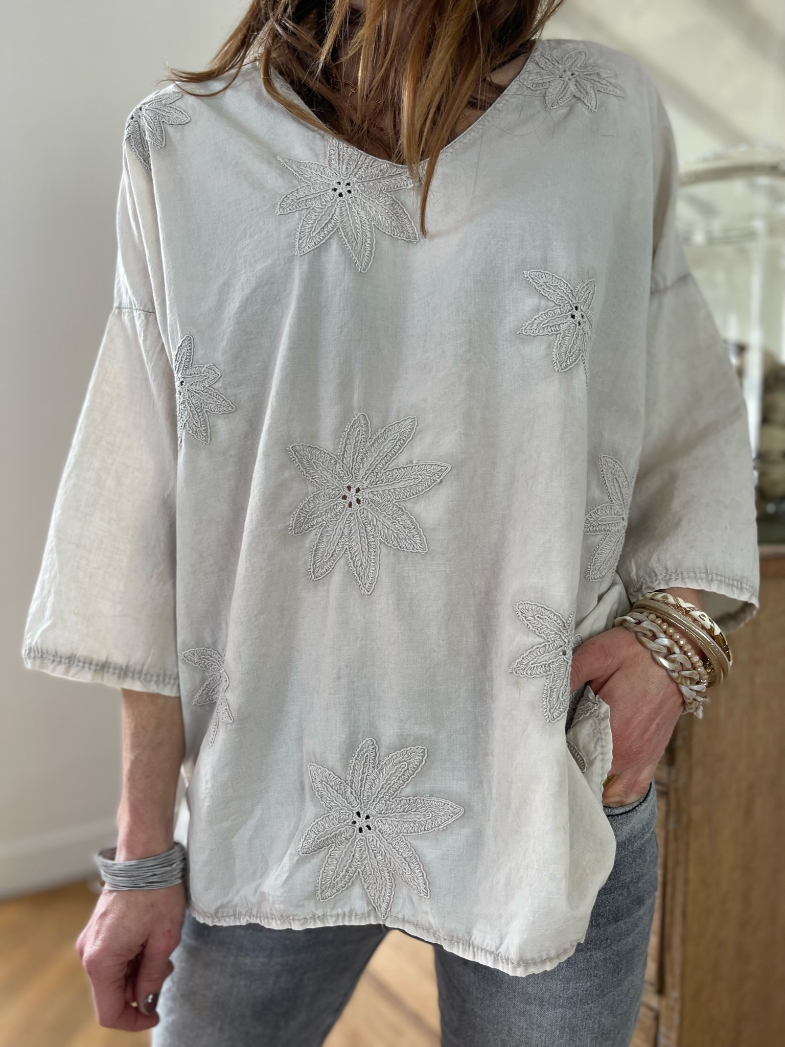 Blouse flowers coton beige