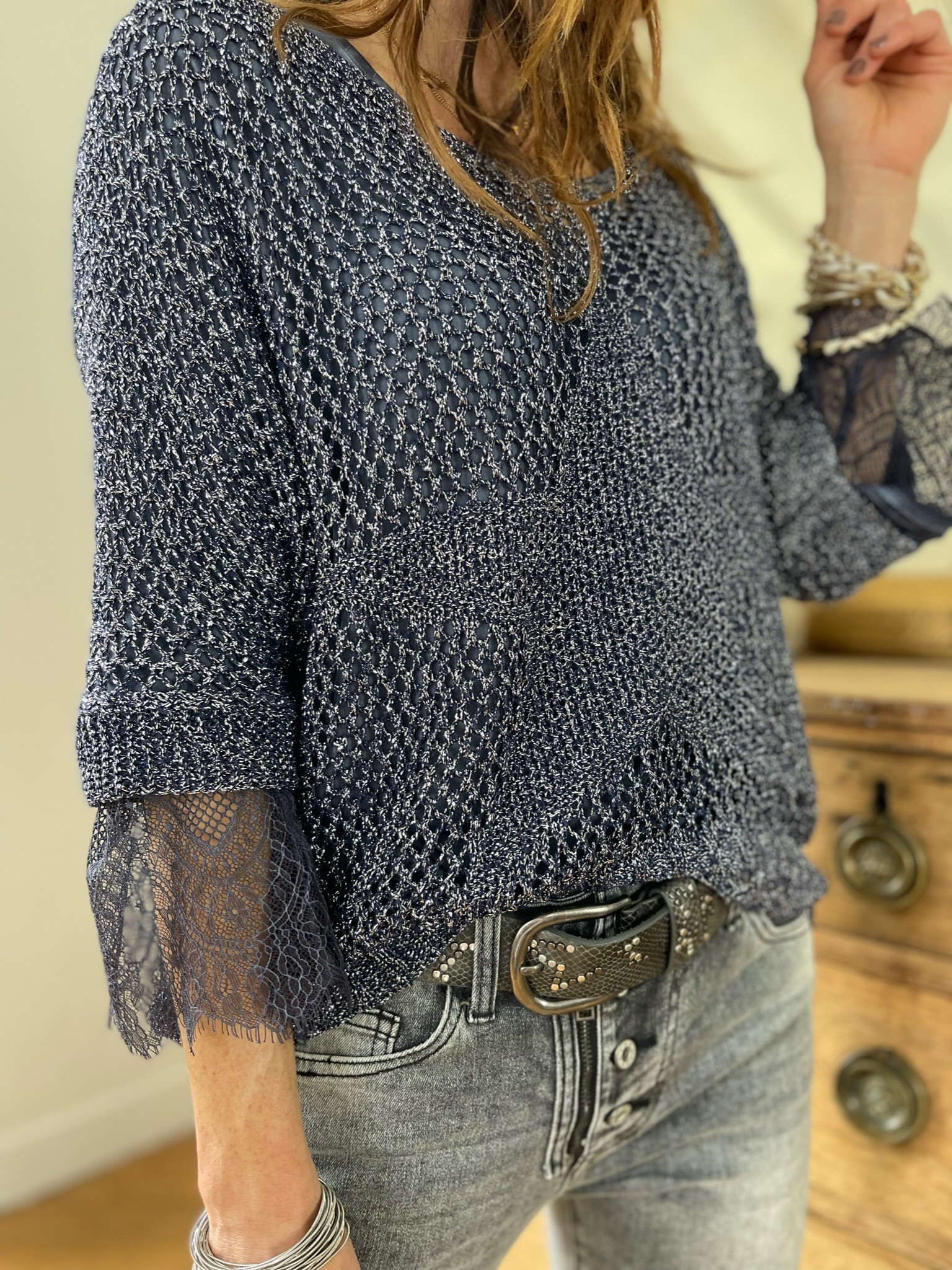 Pull maille ajourée marine