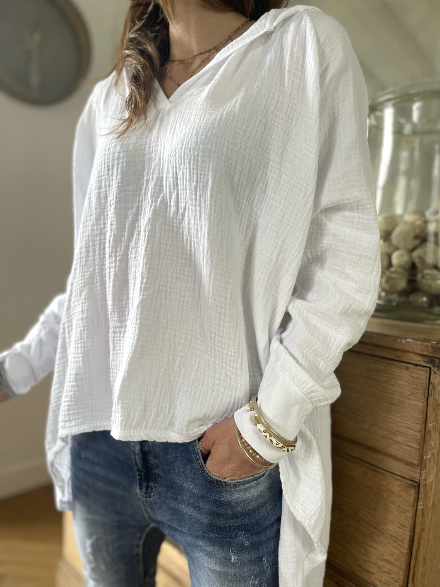 Blouse capuche gaze blanche