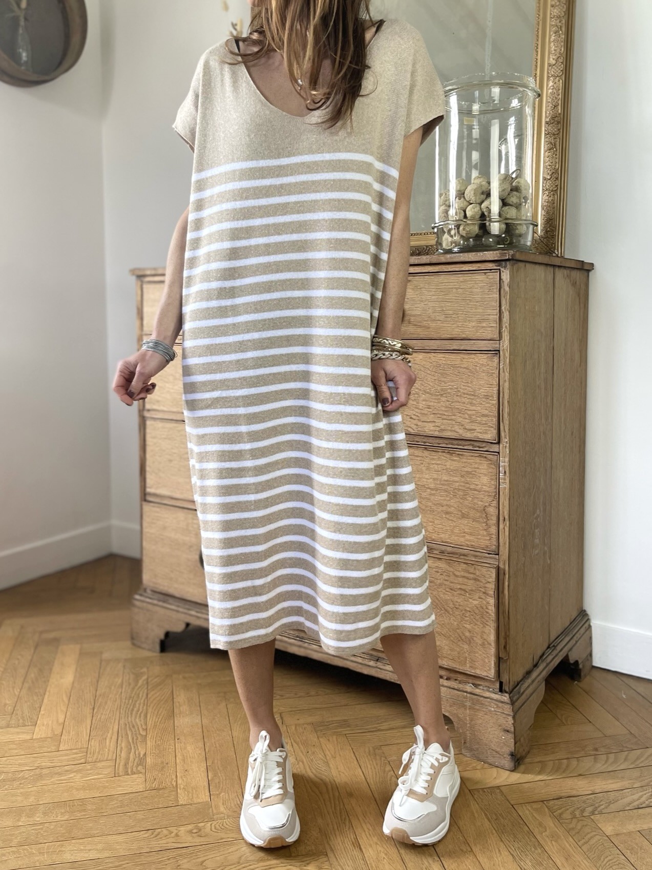 Robe longue rayée camel