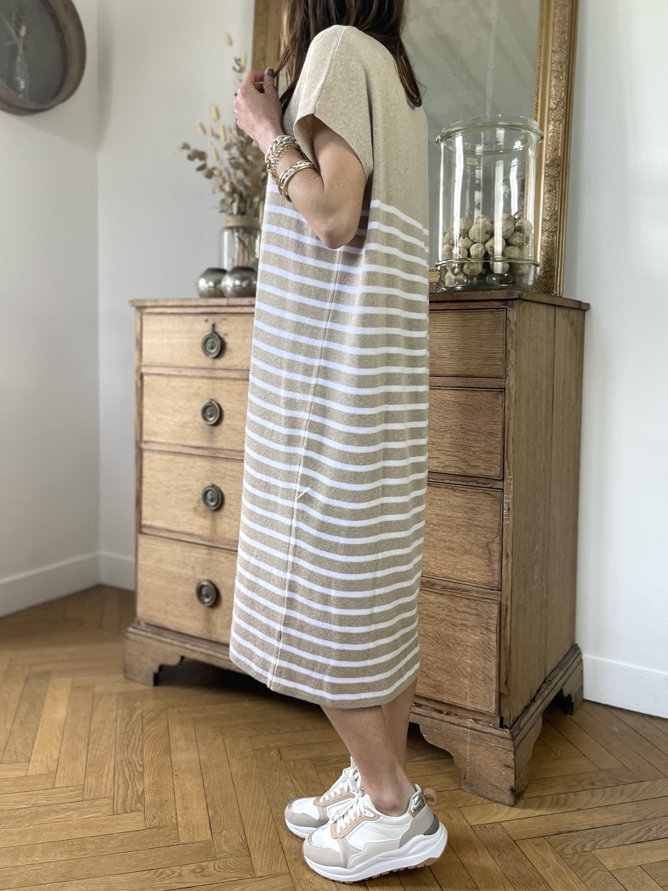 Robe longue rayée camel