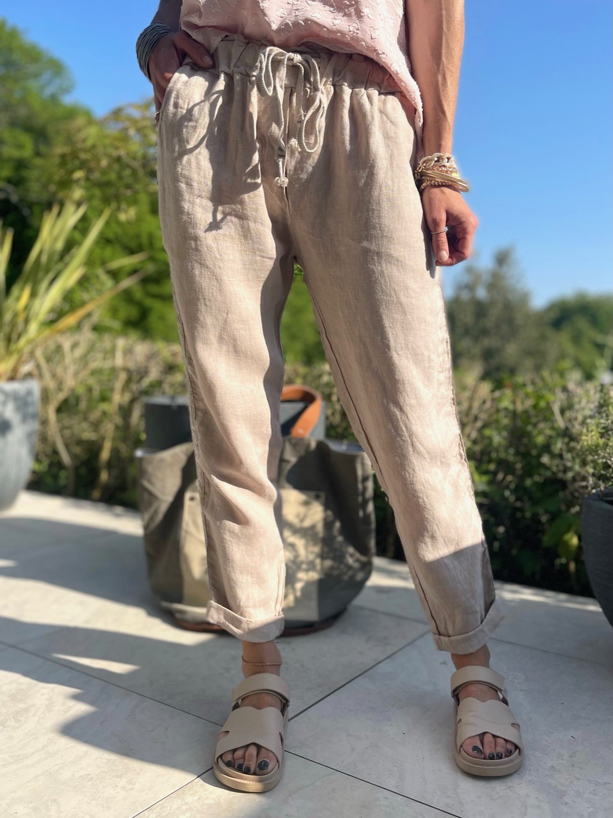 Jogging lin bande beige