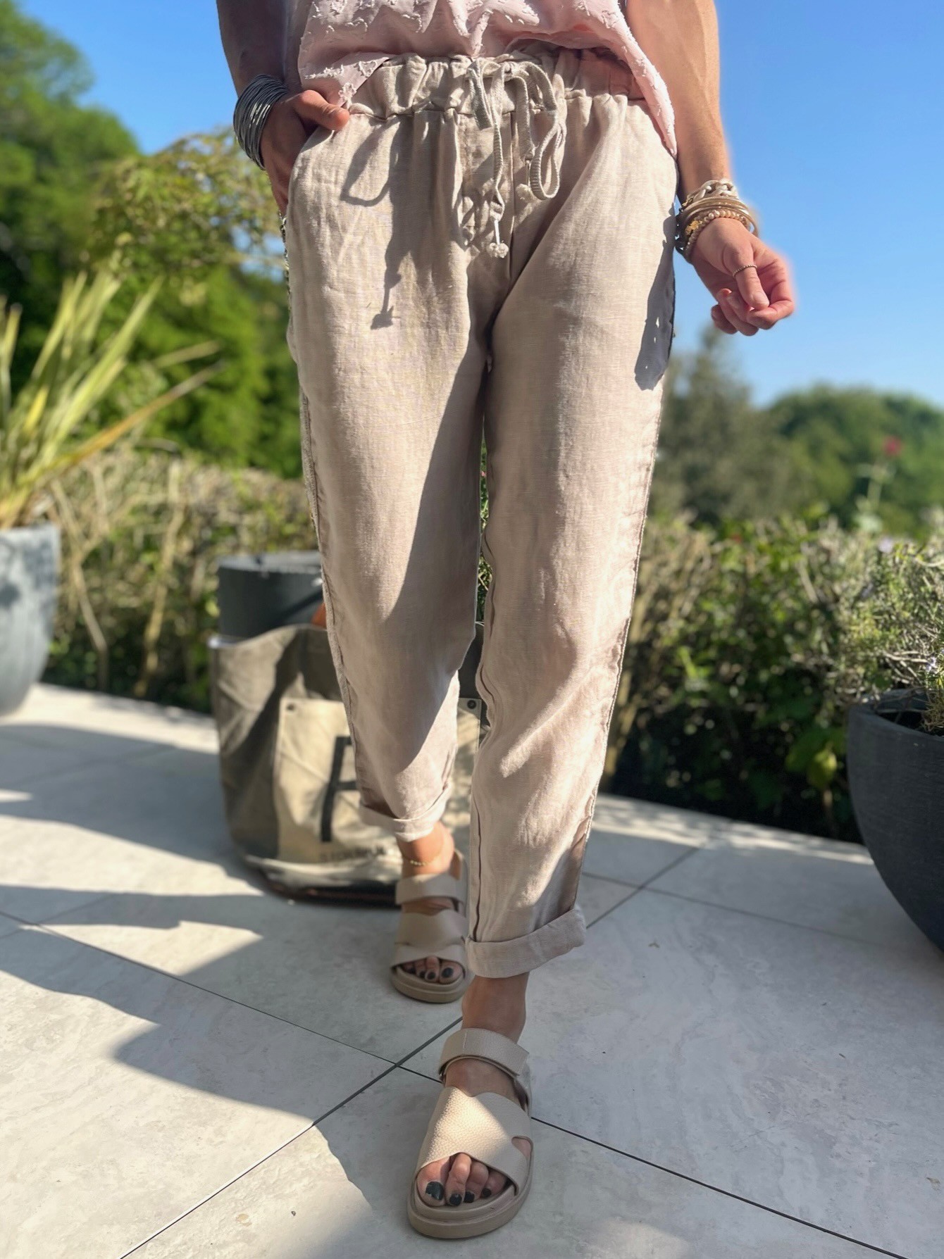 Jogging lin bande beige