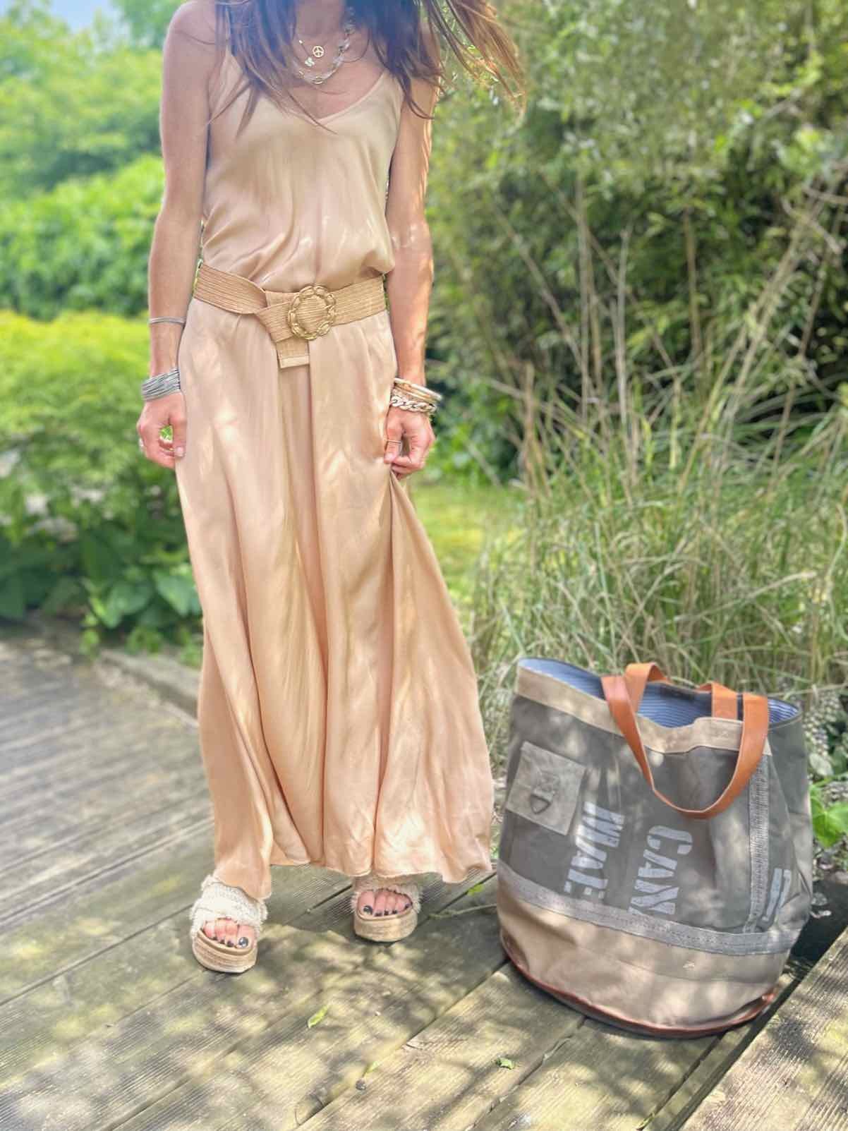 Robe longue soie Camel