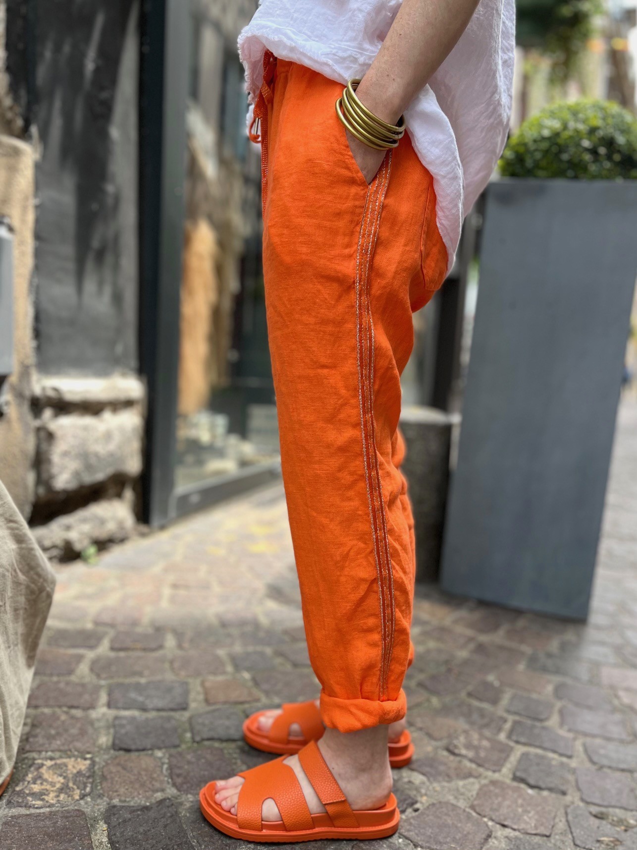Jogging lin bande orange