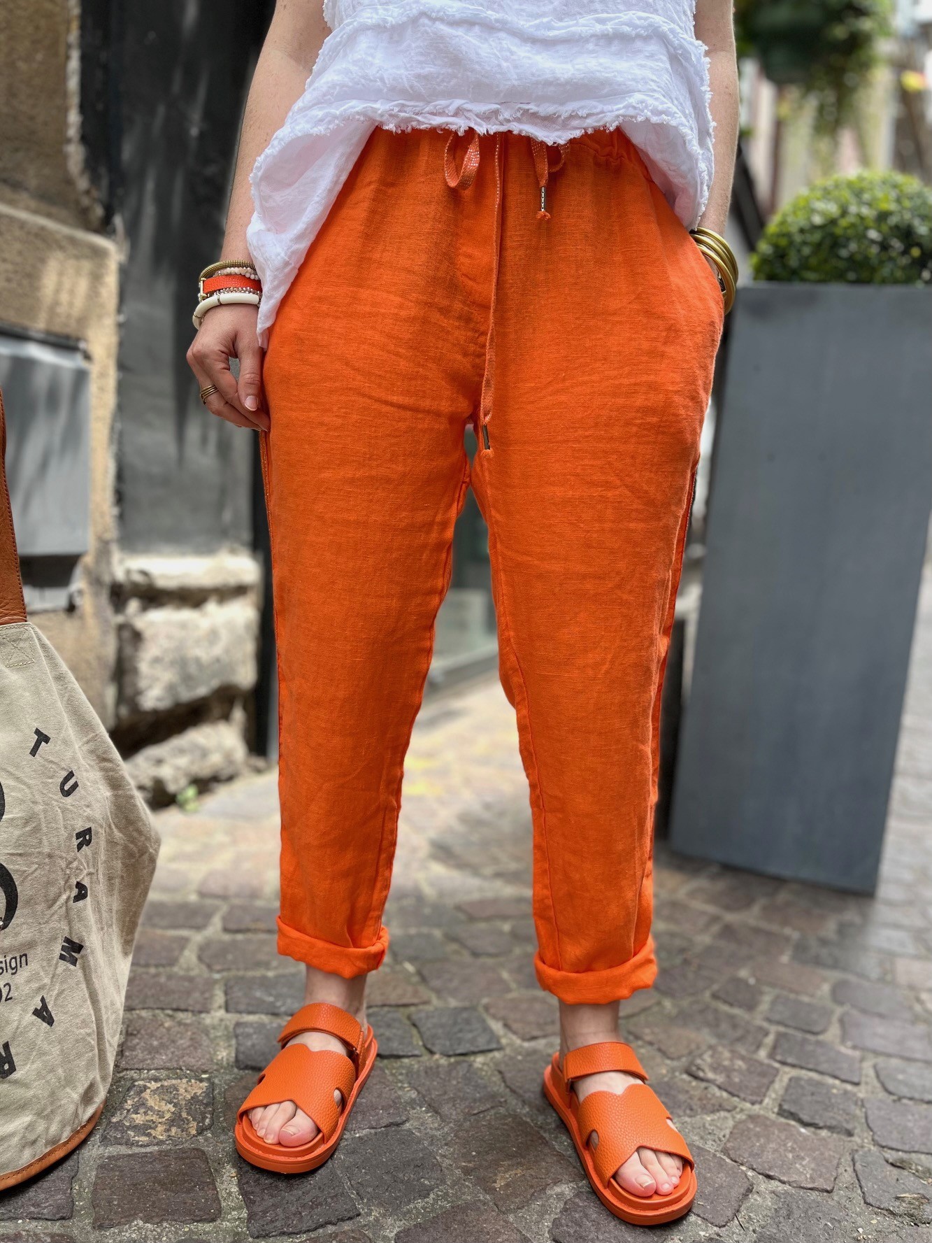 Jogging lin bande orange